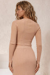 Model wearing Kadie Knit Crop in Camel from Salty Crush