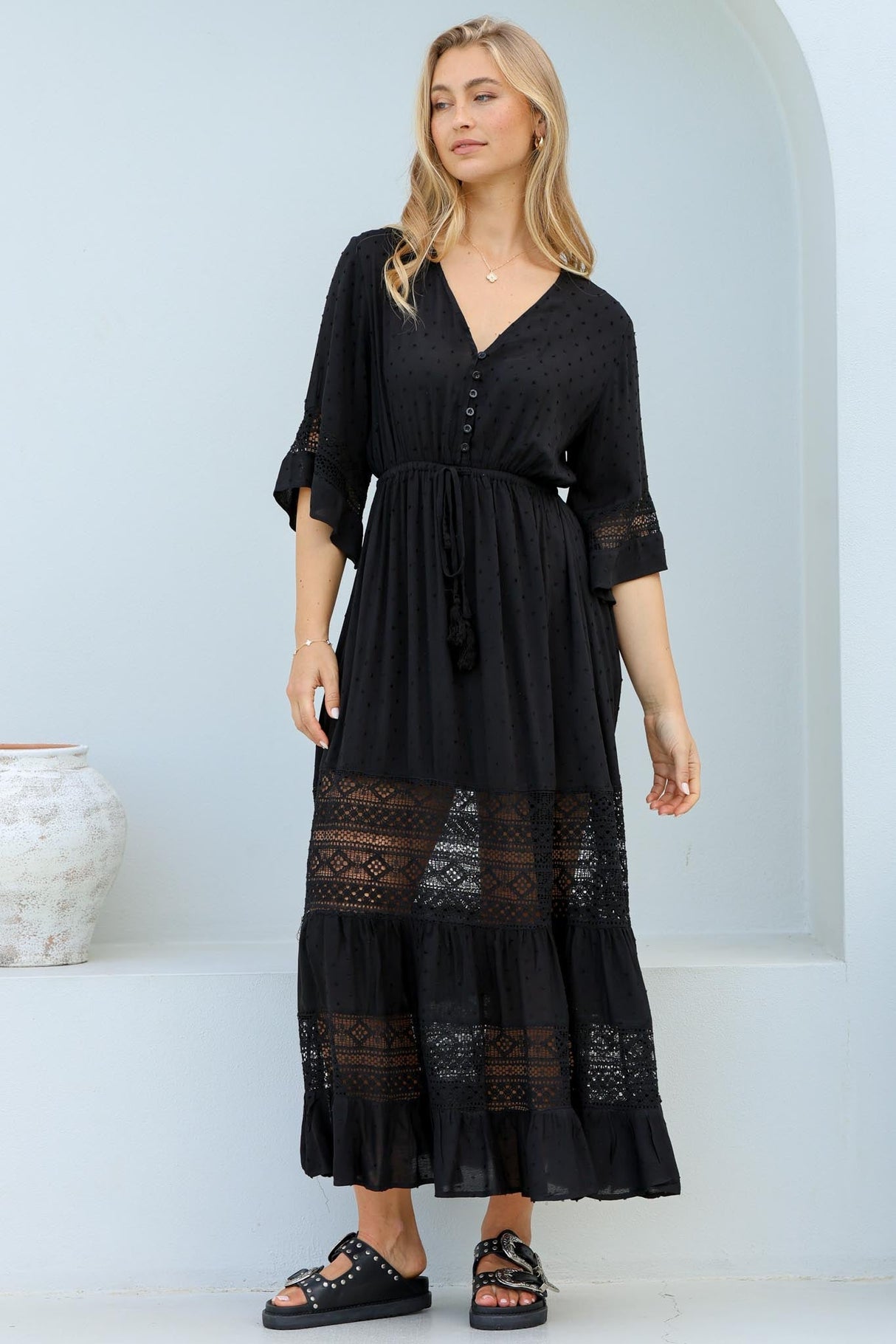 Kaely Maxi Dress - Delicate Lace Panel Detailed A Line Dress in Black