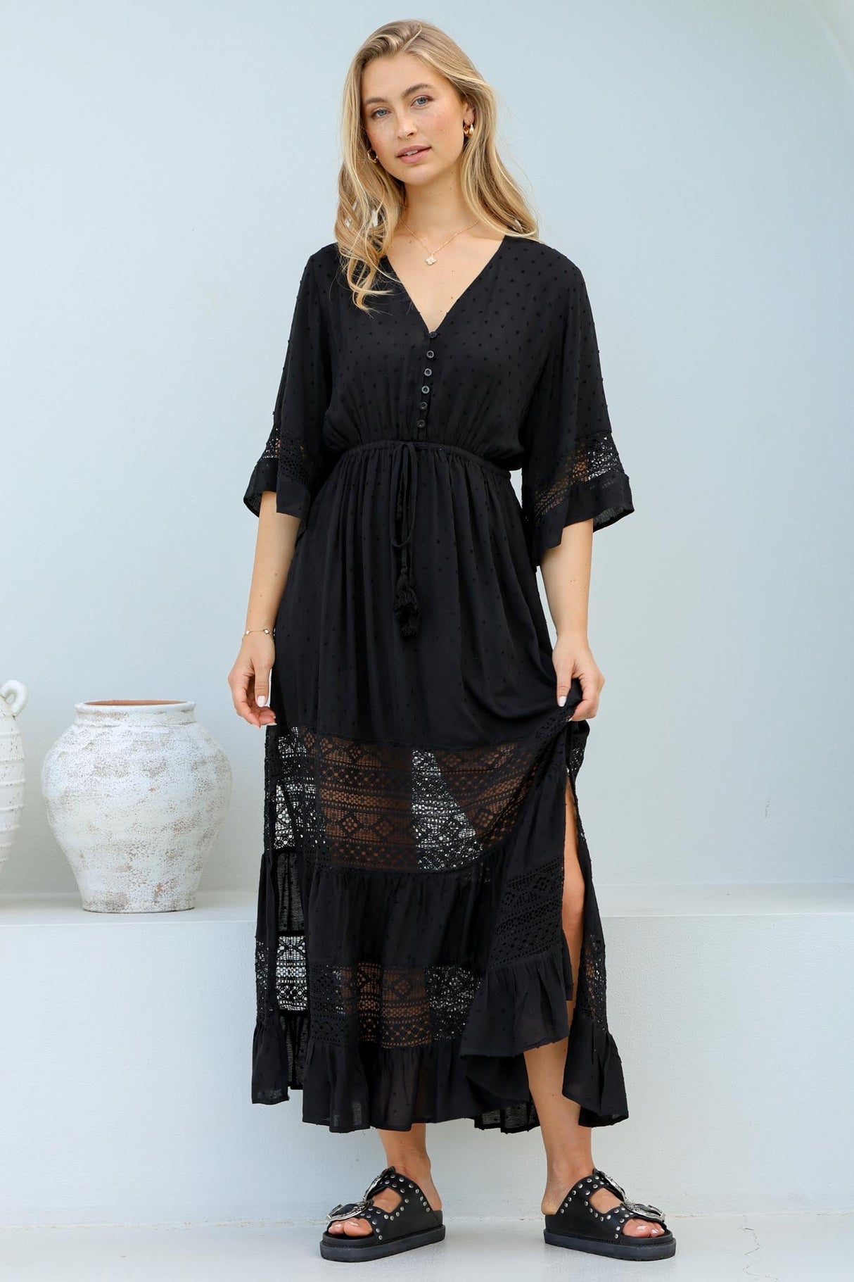 Kaely Maxi Dress - Delicate Lace Panel Detailed A Line Dress in Black