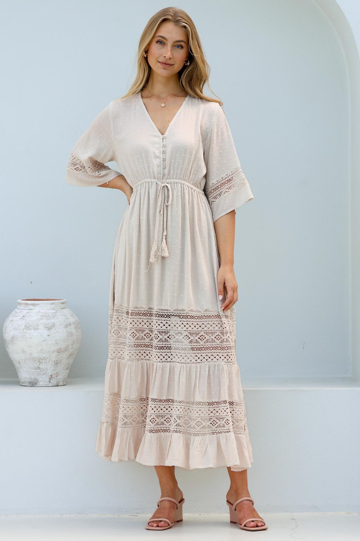 Kaely Maxi Dress - Delicate Lace Panel Detailed A Line Dress in Cream