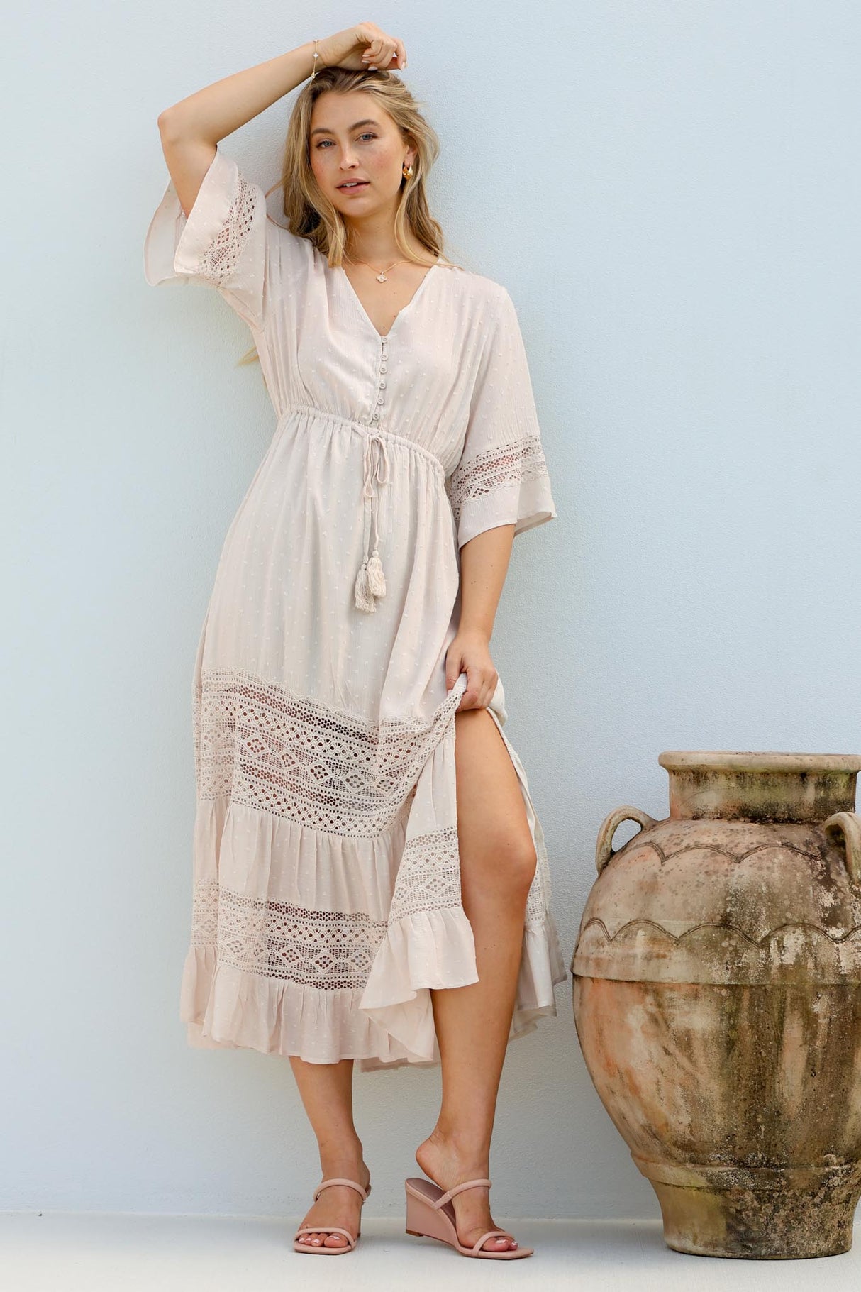 Kaely Maxi Dress - Delicate Lace Panel Detailed A Line Dress in Cream