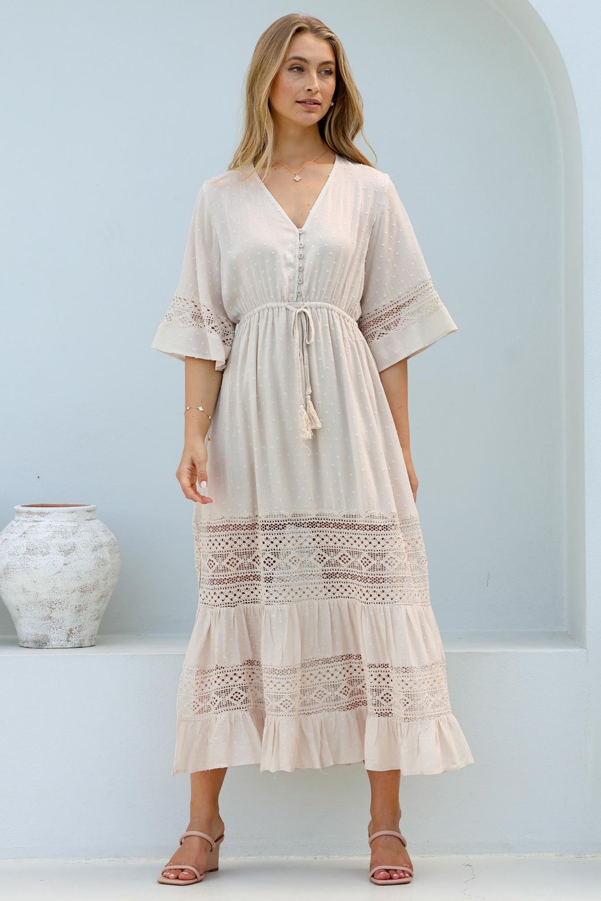 Kaely Maxi Dress - Delicate Lace Panel Detailed A Line Dress in Cream