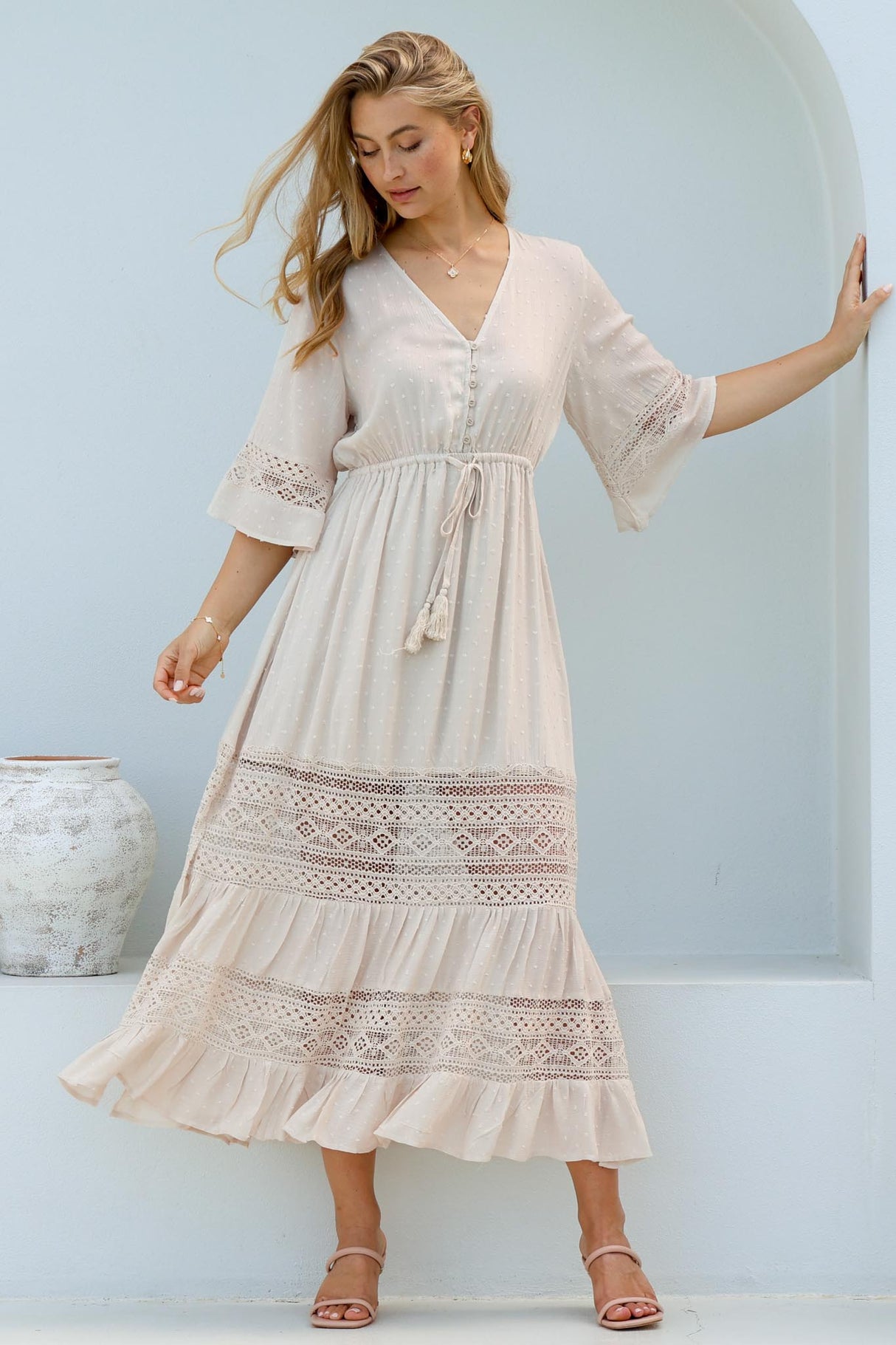 Kaely Maxi Dress - Delicate Lace Panel Detailed A Line Dress in Cream