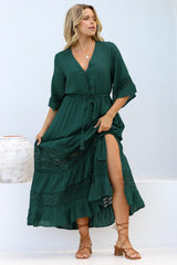 Kaely Maxi Dress - Delicate Lace Panel Detailed A Line Dress in Emerald