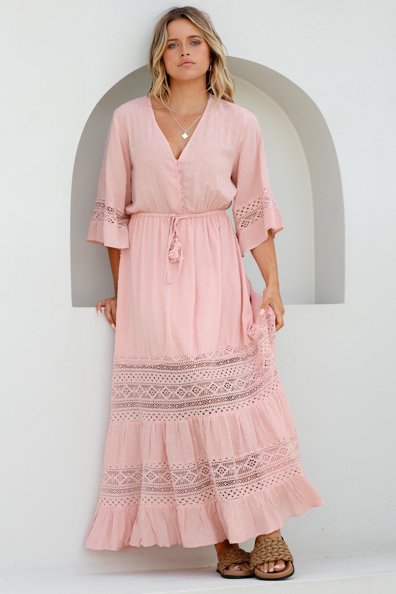 Kaely Maxi Dress - Delicate Lace Panel Detailed A Line Dress in Pink