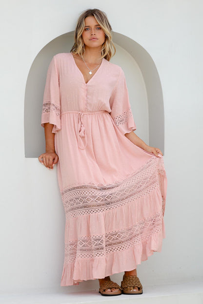 Kaely Maxi Dress - Delicate Lace Panel Detailed A Line Dress in Pink