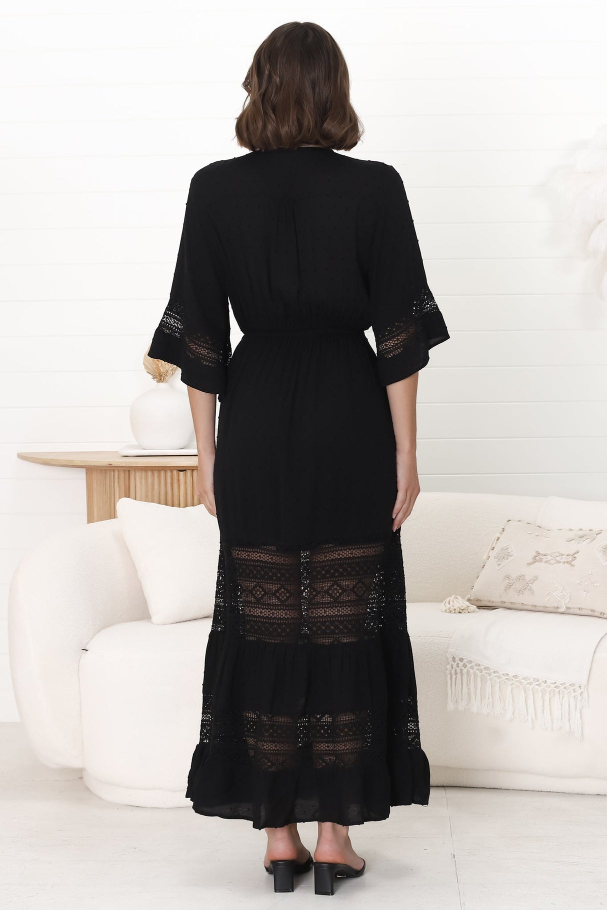 Kaely Maxi Dress - Delicate Lace Panel Detailed A Line Dress in Black