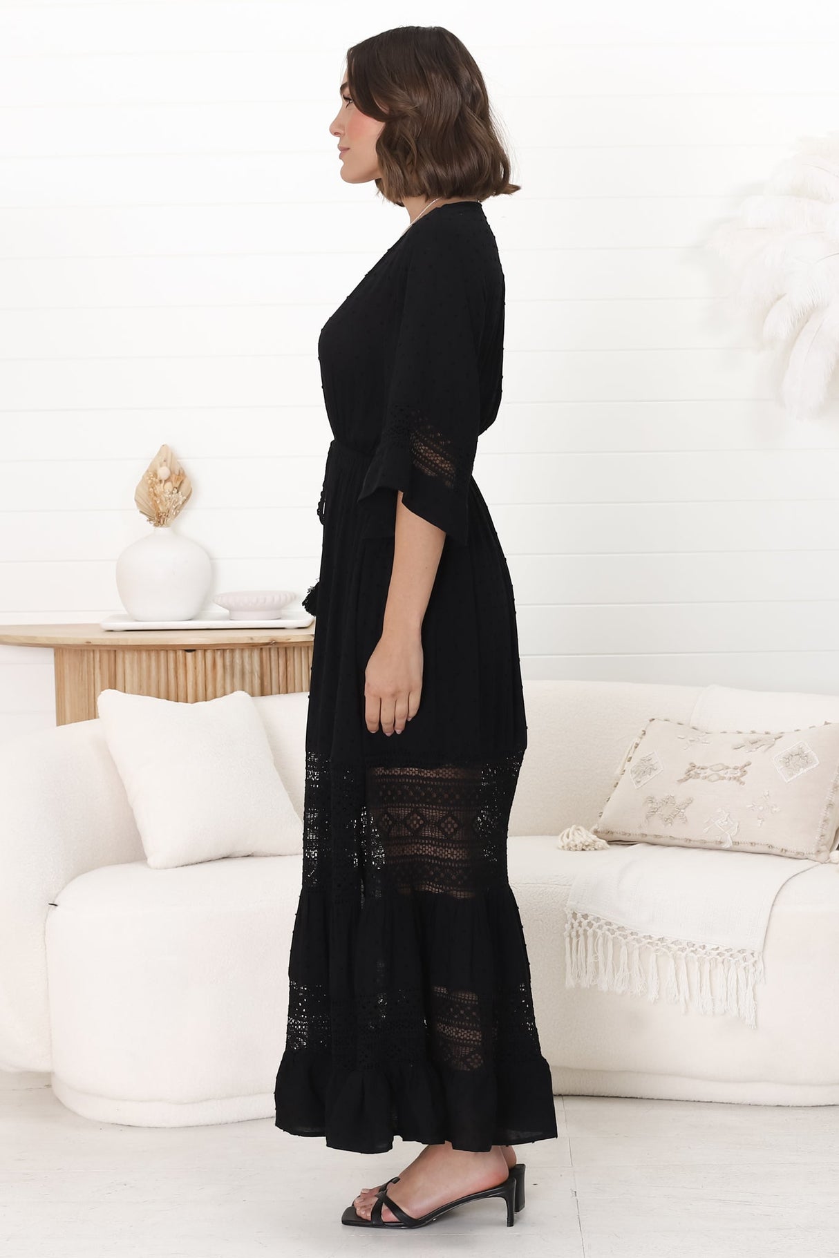 Kaely Maxi Dress - Delicate Lace Panel Detailed A Line Dress in Black