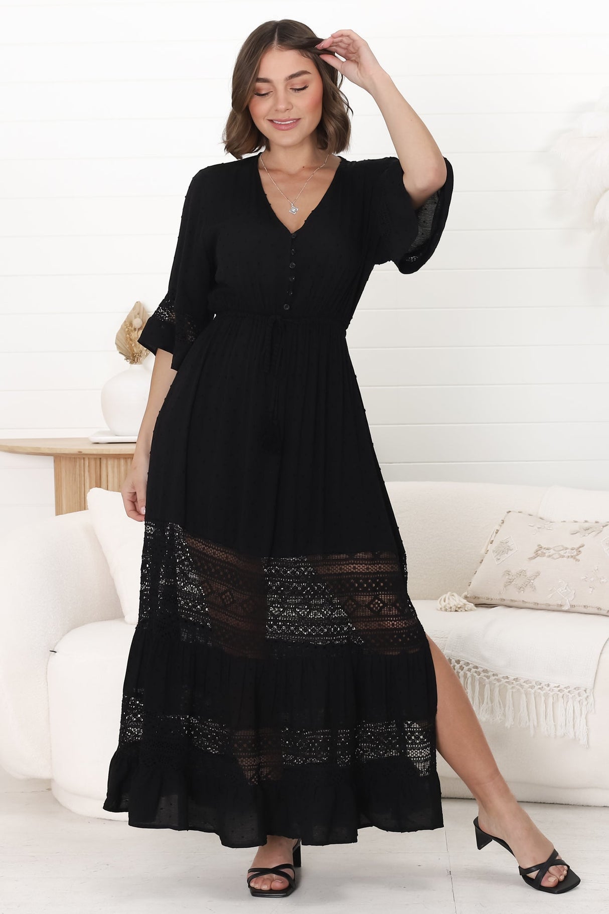 Kaely Maxi Dress - Delicate Lace Panel Detailed A Line Dress in Black