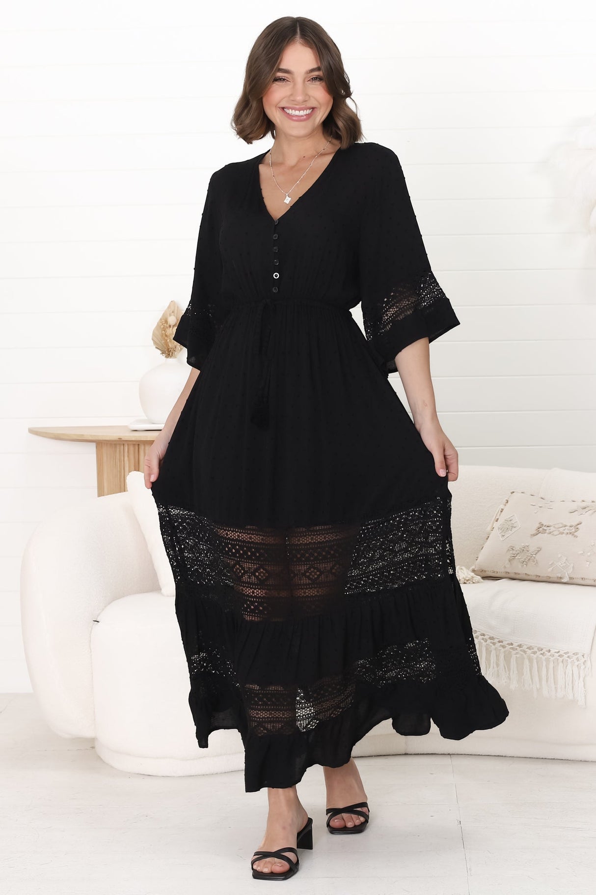 Kaely Maxi Dress - Delicate Lace Panel Detailed A Line Dress in Black