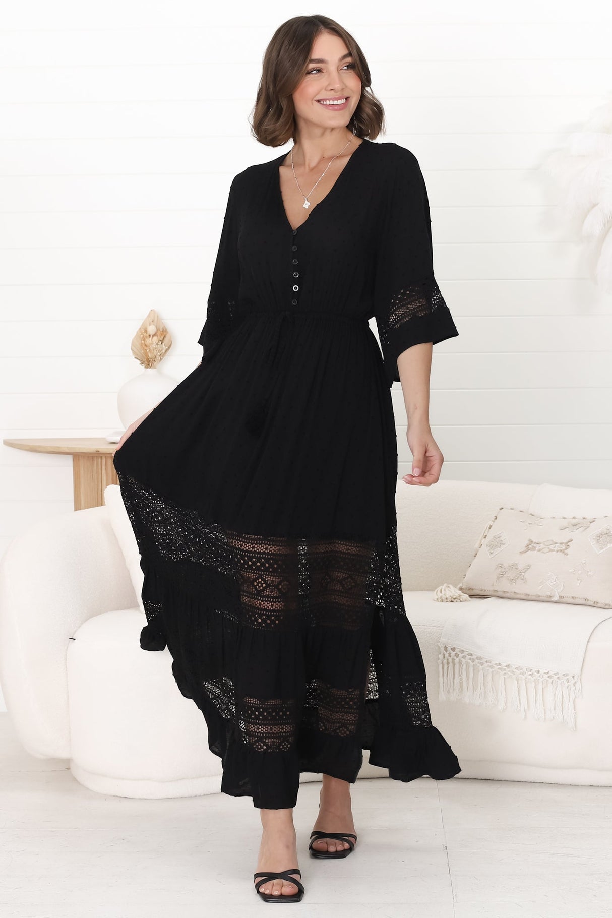 Kaely Maxi Dress - Delicate Lace Panel Detailed A Line Dress in Black