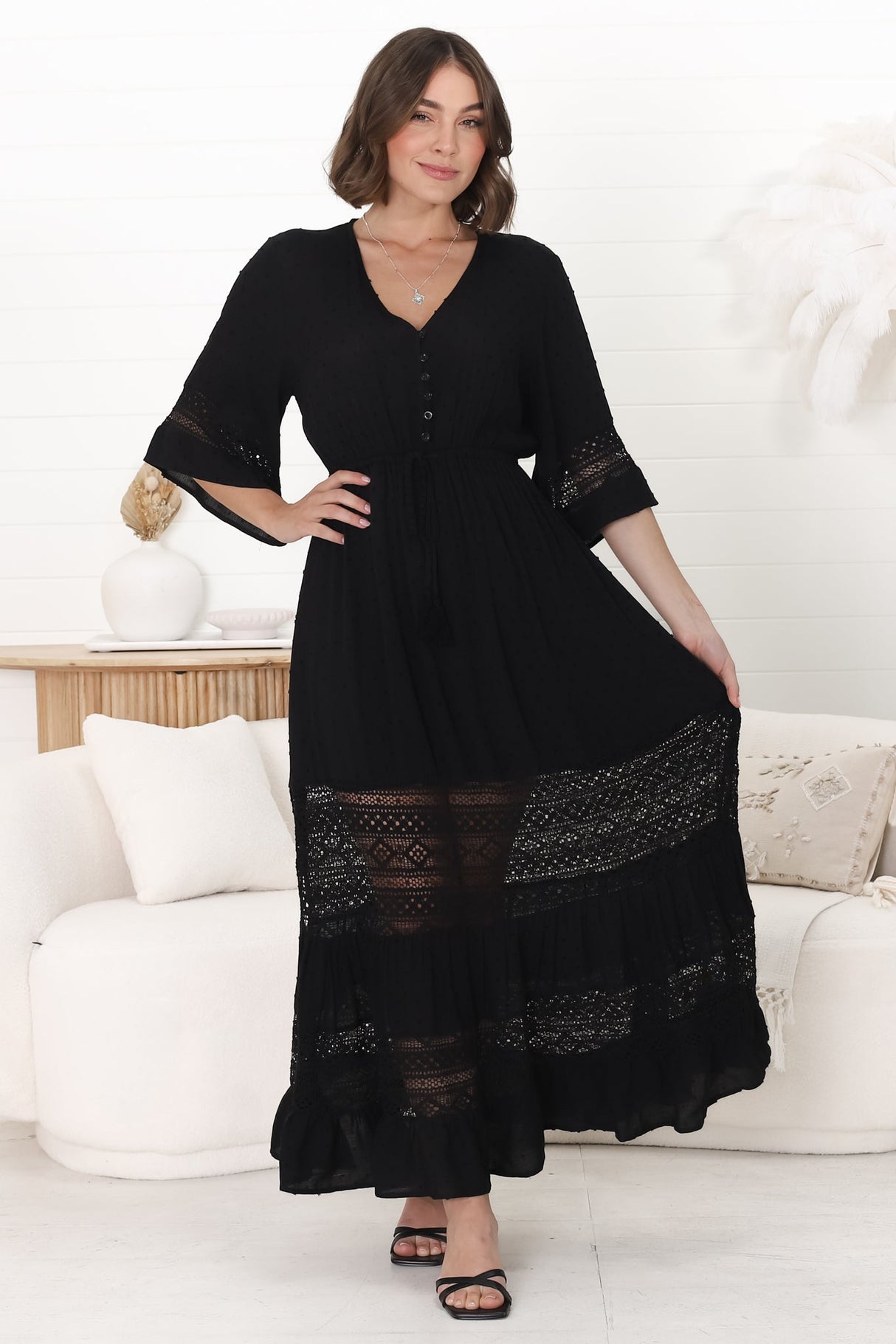 Kaely Maxi Dress - Delicate Lace Panel Detailed A Line Dress in Black