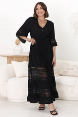 Kaely Maxi Dress - Delicate Lace Panel Detailed A Line Dress in Black