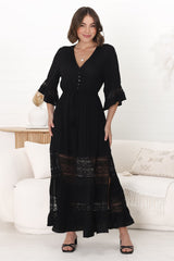 Kaely Maxi Dress - Delicate Lace Panel Detailed A Line Dress in Black