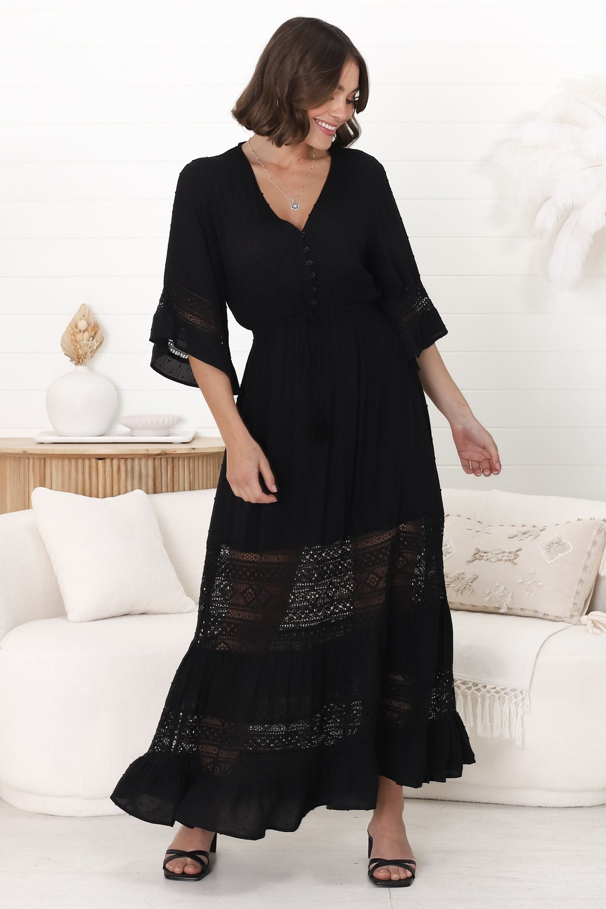 Kaely Maxi Dress - Delicate Lace Panel Detailed A Line Dress in Black