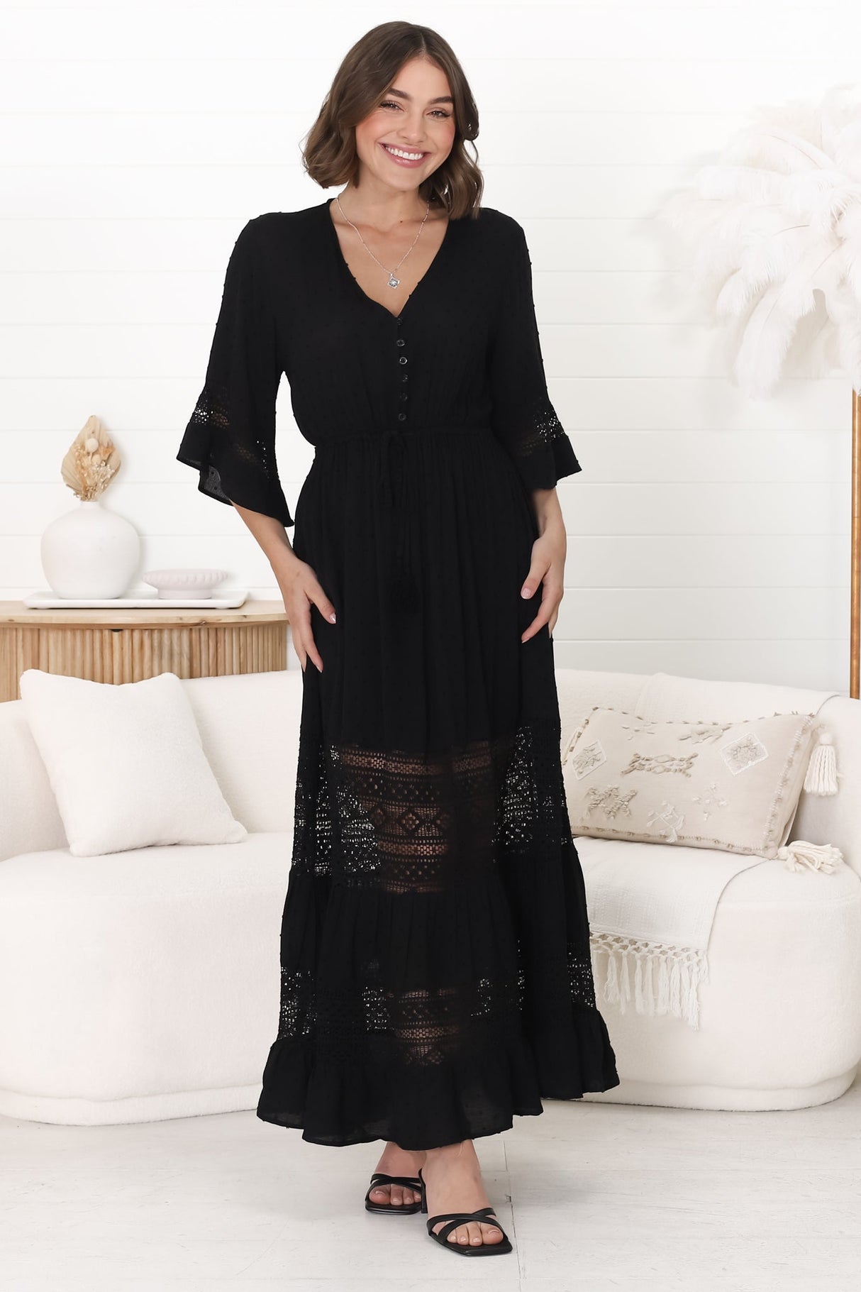 Kaely Maxi Dress - Delicate Lace Panel Detailed A Line Dress in Black