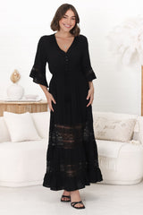 Kaely Maxi Dress - Delicate Lace Panel Detailed A Line Dress in Black