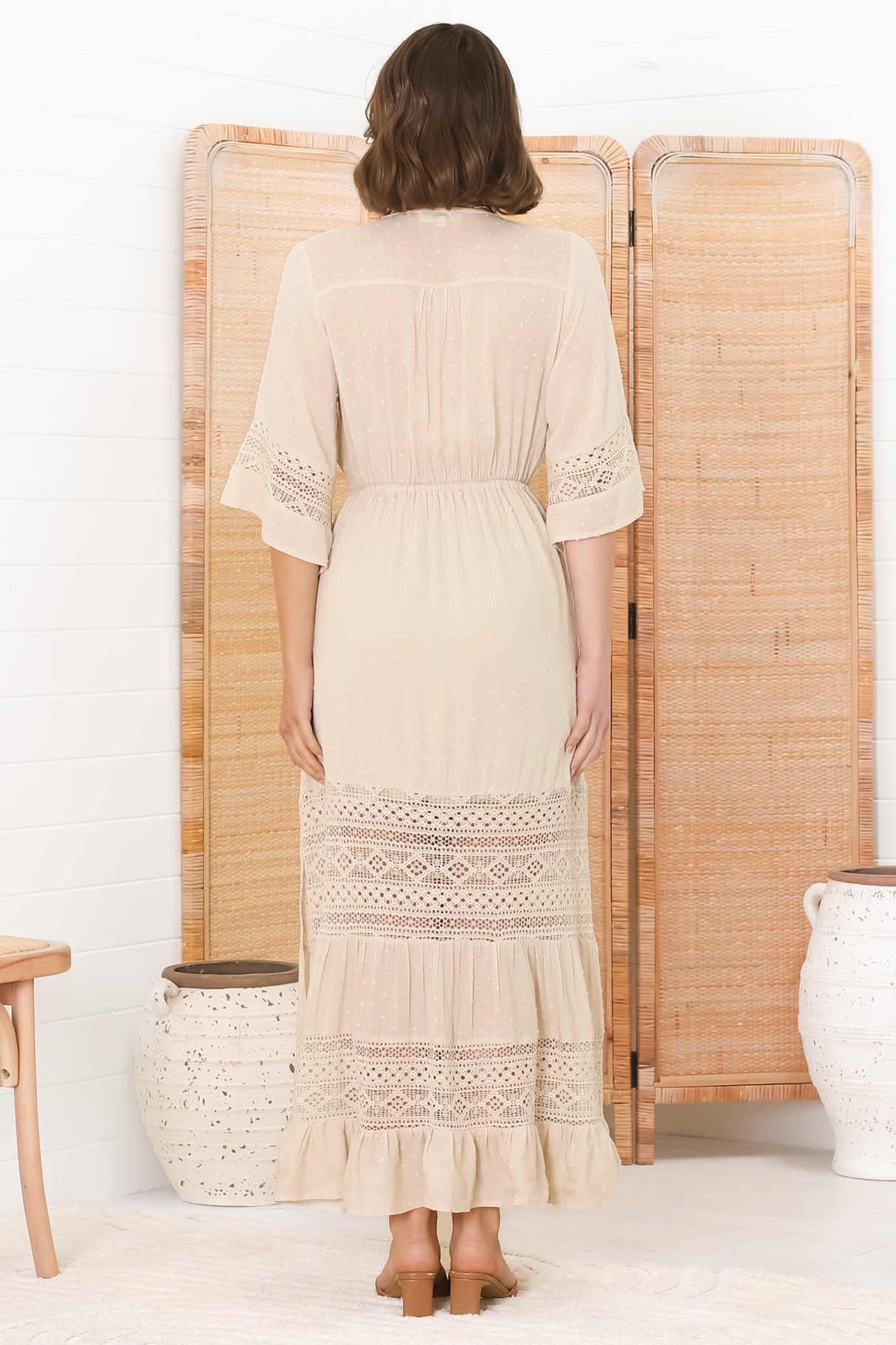 Kaely Maxi Dress - Delicate Lace Panel Detailed A Line Dress in Cream