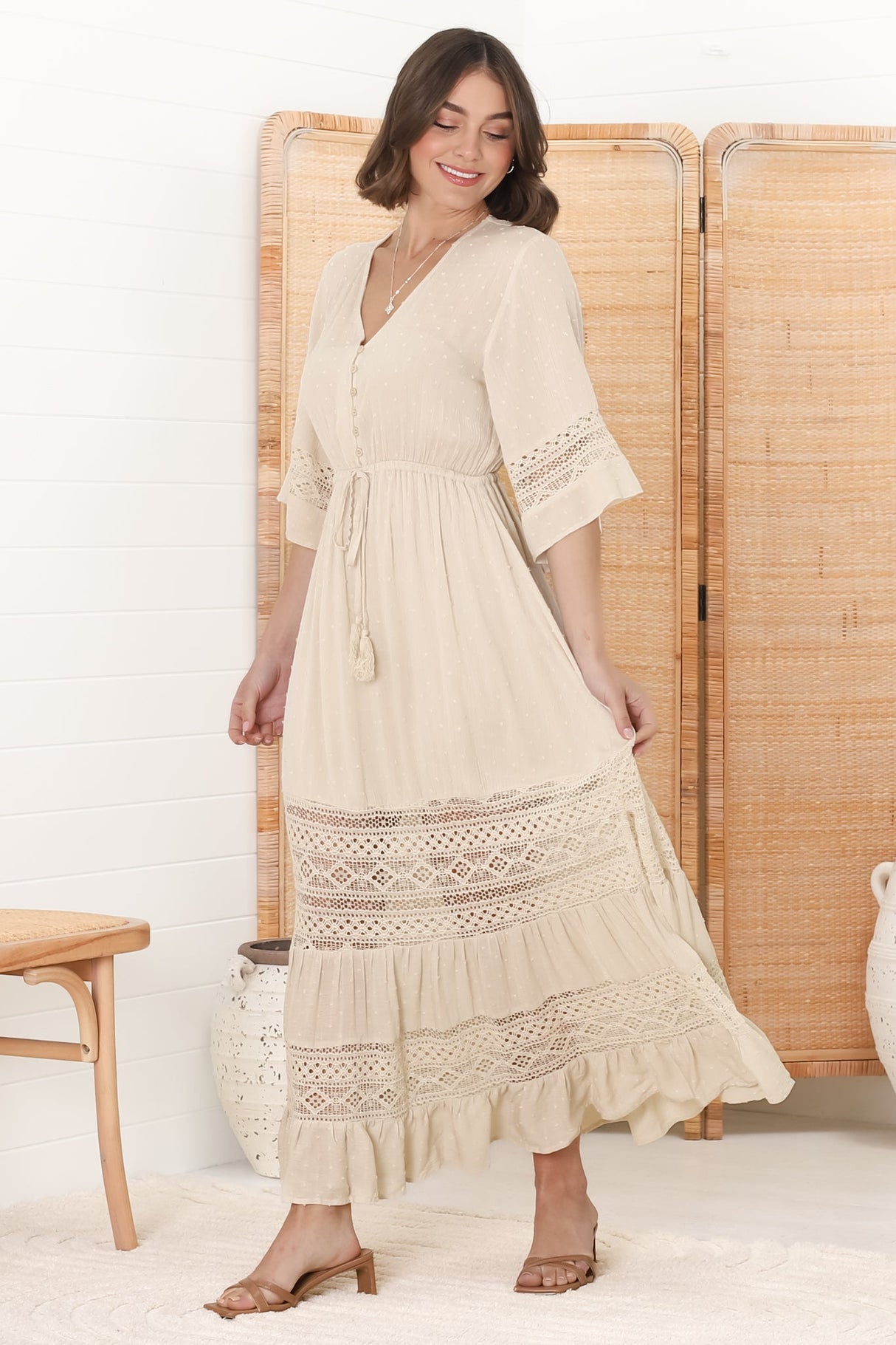 Kaely Maxi Dress - Delicate Lace Panel Detailed A Line Dress in Cream