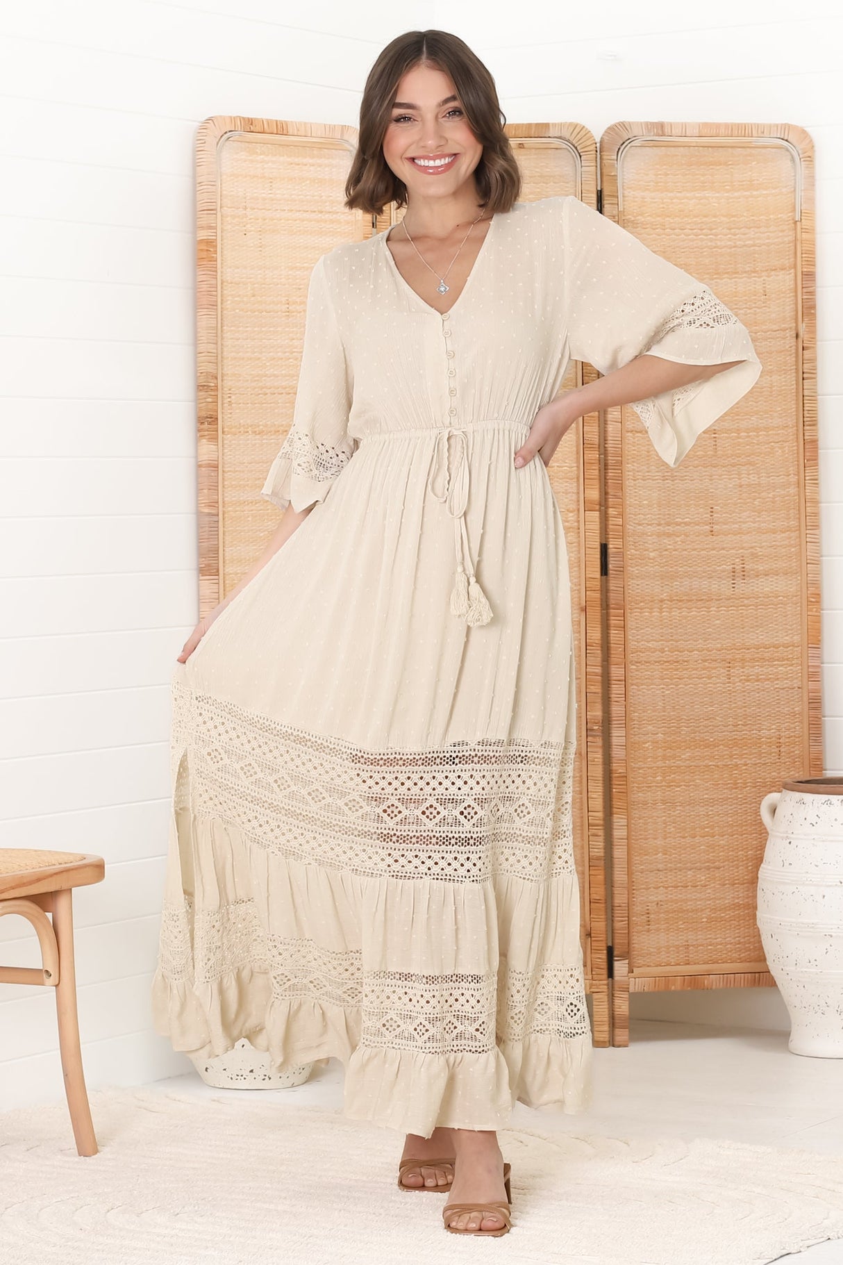 Kaely Maxi Dress - Delicate Lace Panel Detailed A Line Dress in Cream