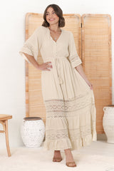 Kaely Maxi Dress - Delicate Lace Panel Detailed A Line Dress in Cream