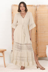 Kaely Maxi Dress - Delicate Lace Panel Detailed A Line Dress in Cream