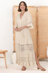 Kaely Maxi Dress - Delicate Lace Panel Detailed A Line Dress in Cream