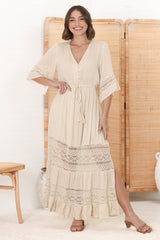 Kaely Maxi Dress - Delicate Lace Panel Detailed A Line Dress in Cream