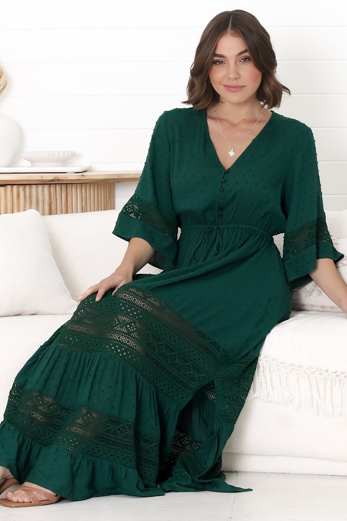 Kaely Maxi Dress - Delicate Lace Panel Detailed A Line Dress in Emerald