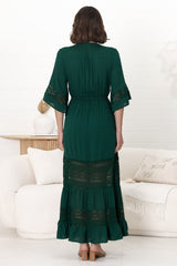 Kaely Maxi Dress - Delicate Lace Panel Detailed A Line Dress in Emerald