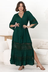 Kaely Maxi Dress - Delicate Lace Panel Detailed A Line Dress in Emerald