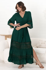 Kaely Maxi Dress - Delicate Lace Panel Detailed A Line Dress in Emerald