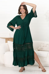 Kaely Maxi Dress - Delicate Lace Panel Detailed A Line Dress in Emerald