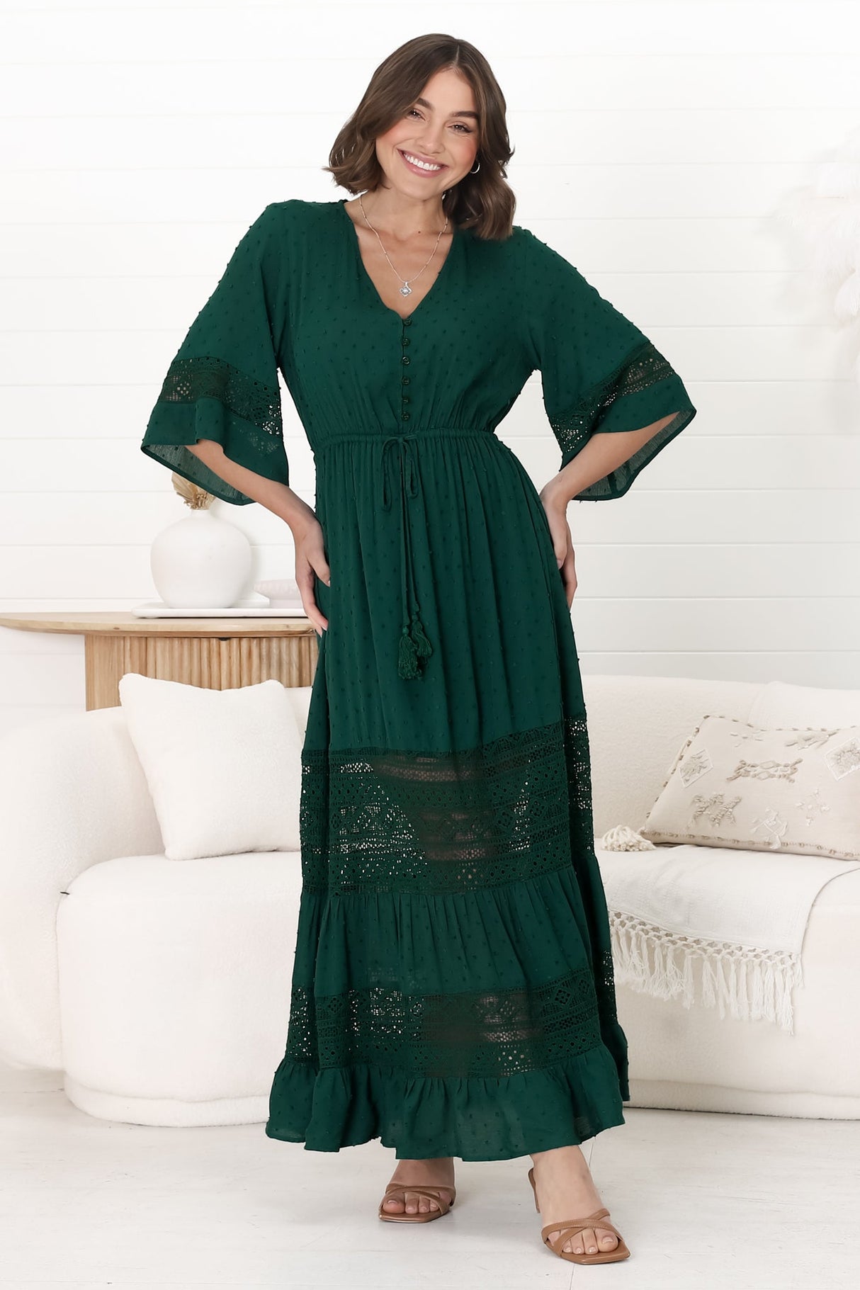 Kaely Maxi Dress - Delicate Lace Panel Detailed A Line Dress in Emerald