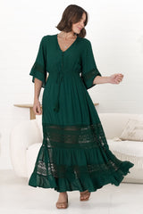 Kaely Maxi Dress - Delicate Lace Panel Detailed A Line Dress in Emerald