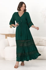 Kaely Maxi Dress - Delicate Lace Panel Detailed A Line Dress in Emerald