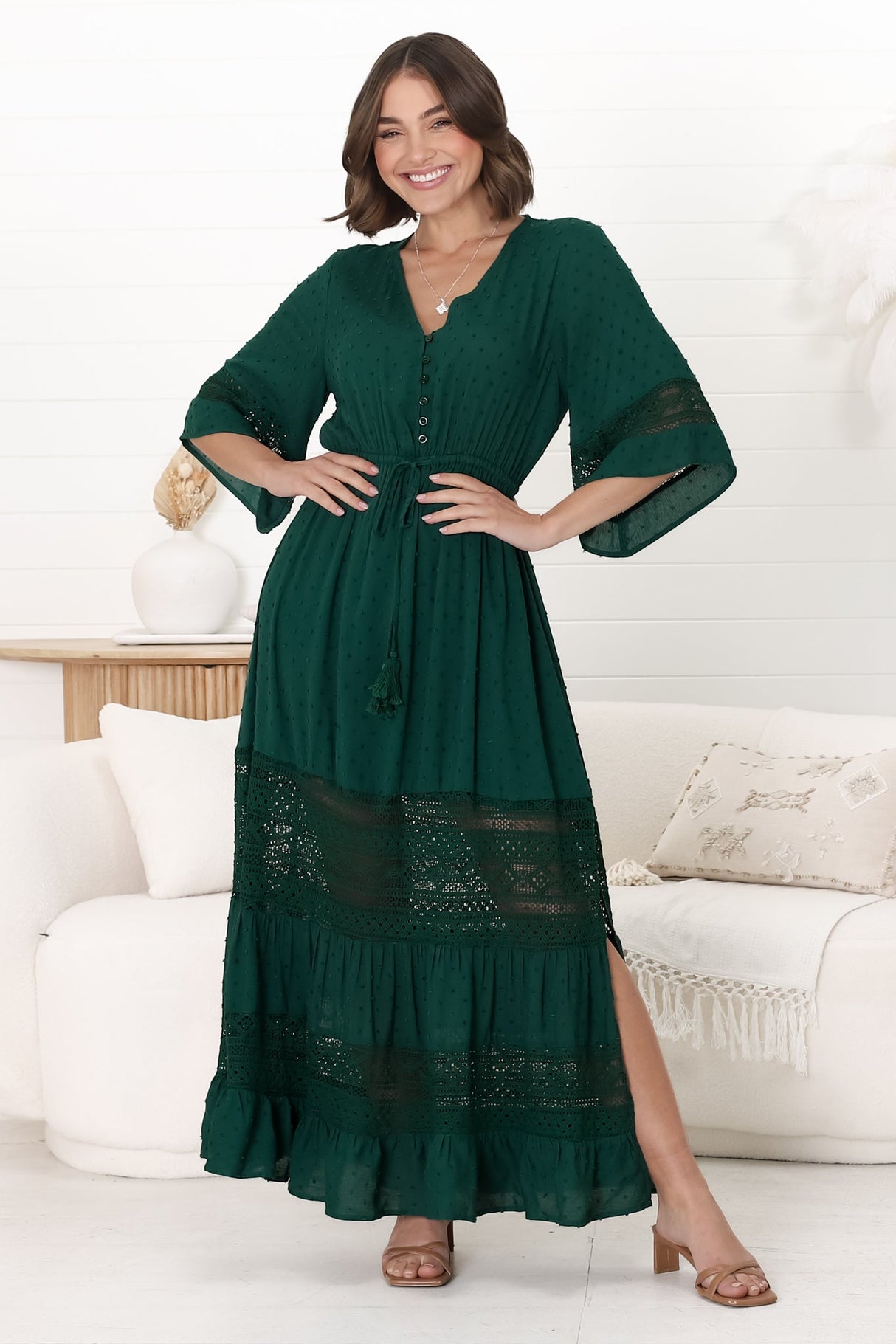 Kaely Maxi Dress - Delicate Lace Panel Detailed A Line Dress in Emerald