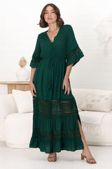 Kaely Maxi Dress - Delicate Lace Panel Detailed A Line Dress in Emerald