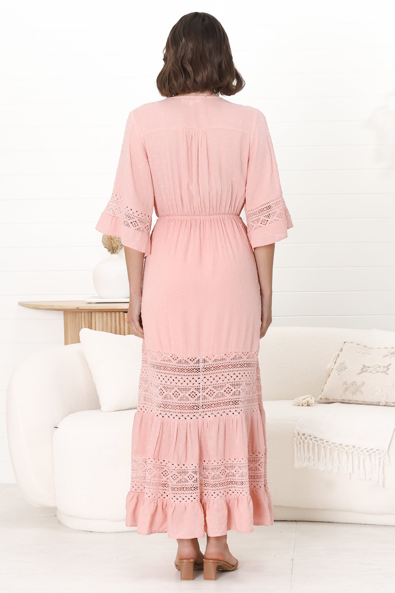 Kaely Maxi Dress - Delicate Lace Panel Detailed A Line Dress in Pink