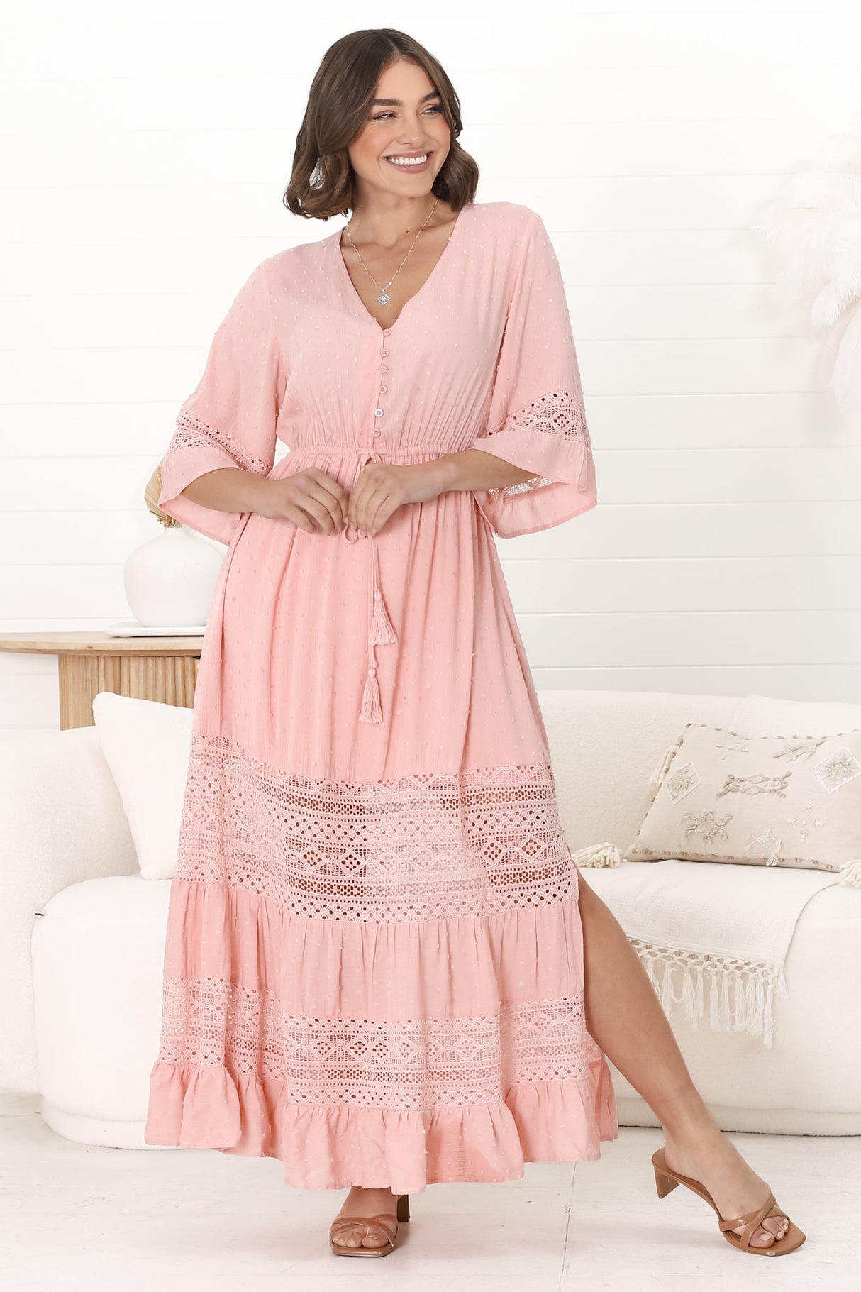 Kaely Maxi Dress - Delicate Lace Panel Detailed A Line Dress in Pink