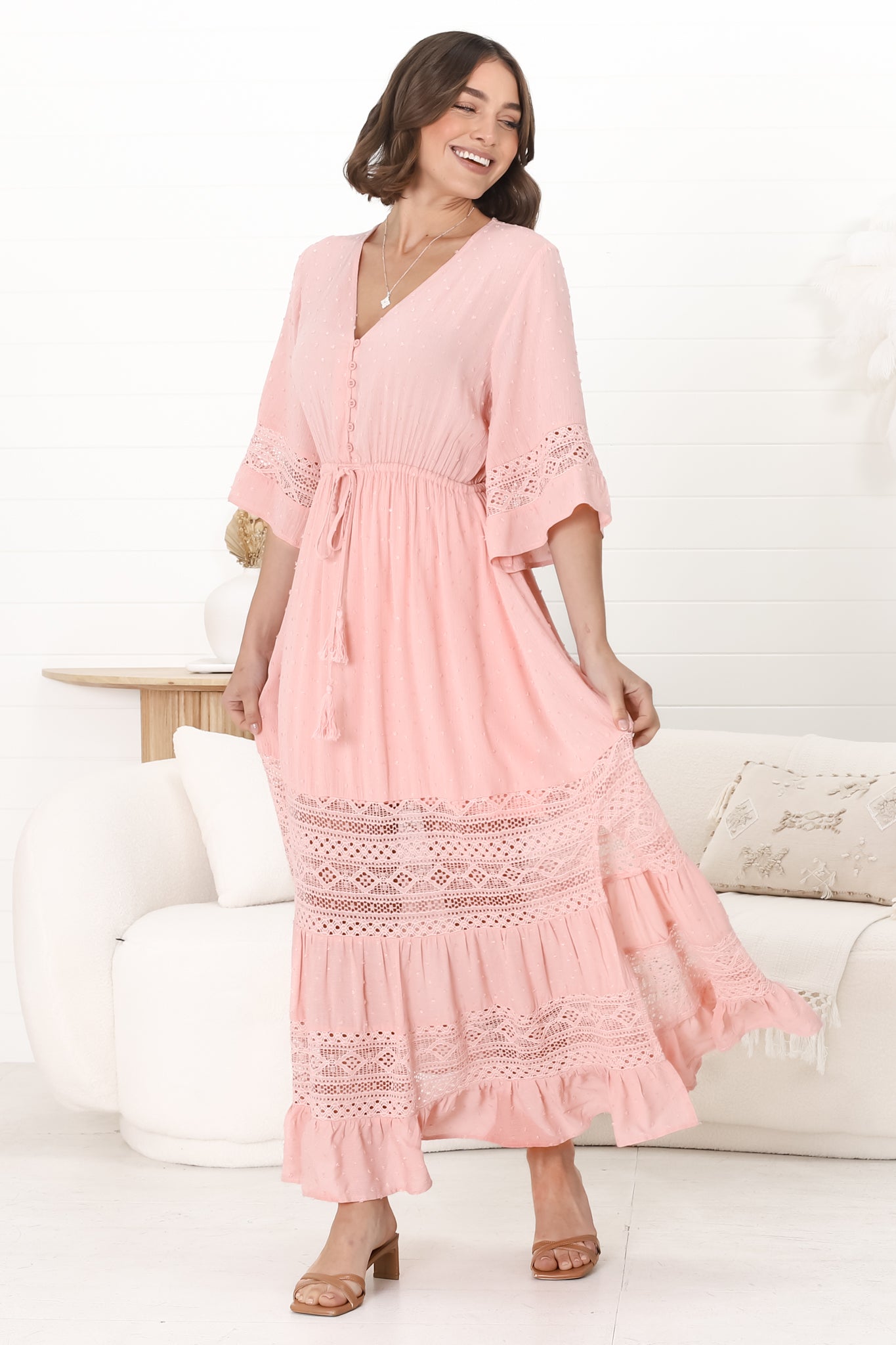 Kaely Maxi Dress - Delicate Lace Panel Detailed A Line Dress in Pink