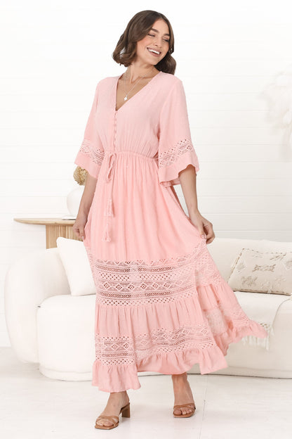 Kaely Maxi Dress - Delicate Lace Panel Detailed A Line Dress in Pink