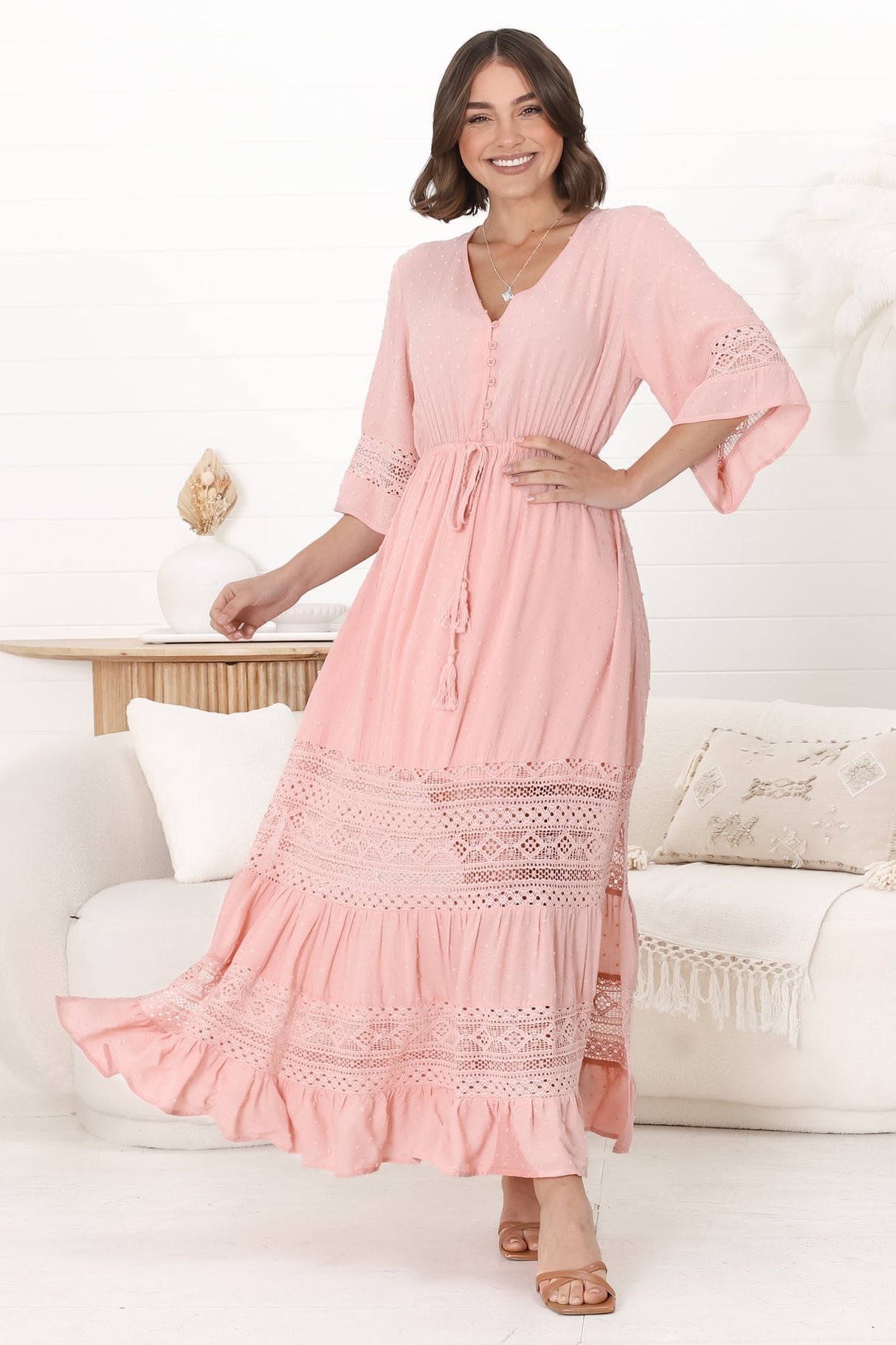 Kaely Maxi Dress - Delicate Lace Panel Detailed A Line Dress in Pink