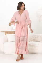 Kaely Maxi Dress - Delicate Lace Panel Detailed A Line Dress in Pink