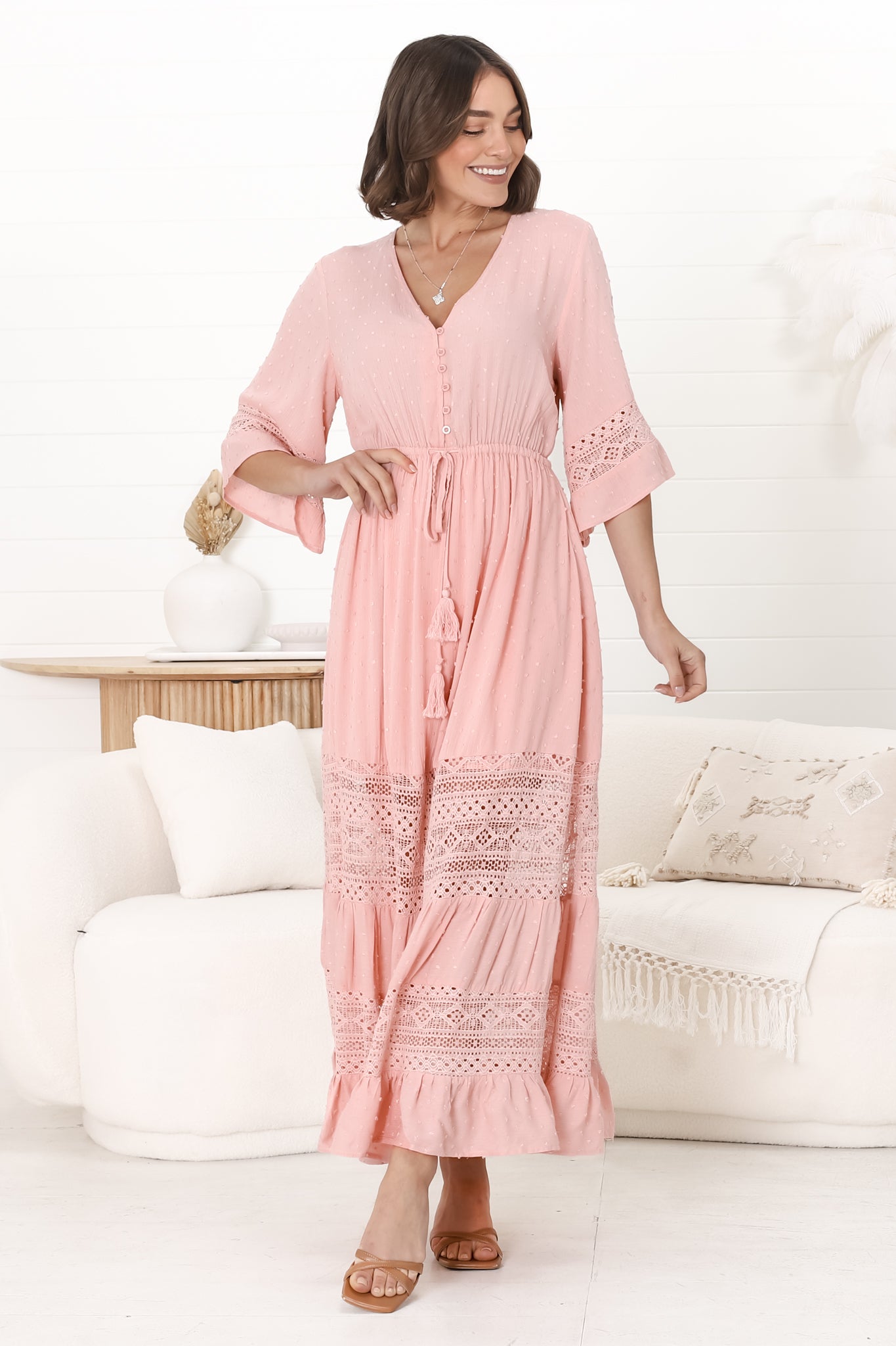 Kaely Maxi Dress - Delicate Lace Panel Detailed A Line Dress in Pink