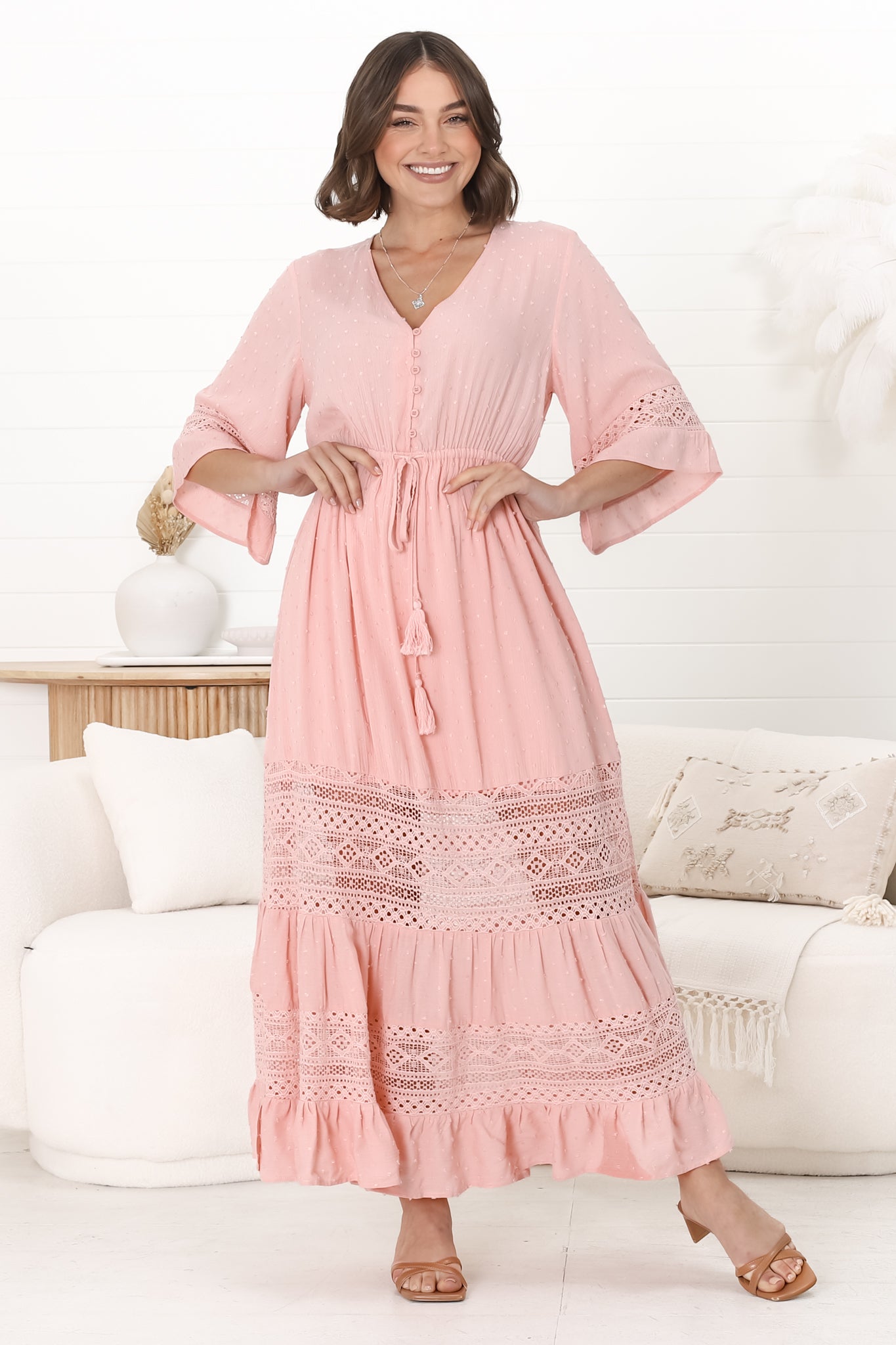 Kaely Maxi Dress - Delicate Lace Panel Detailed A Line Dress in Pink