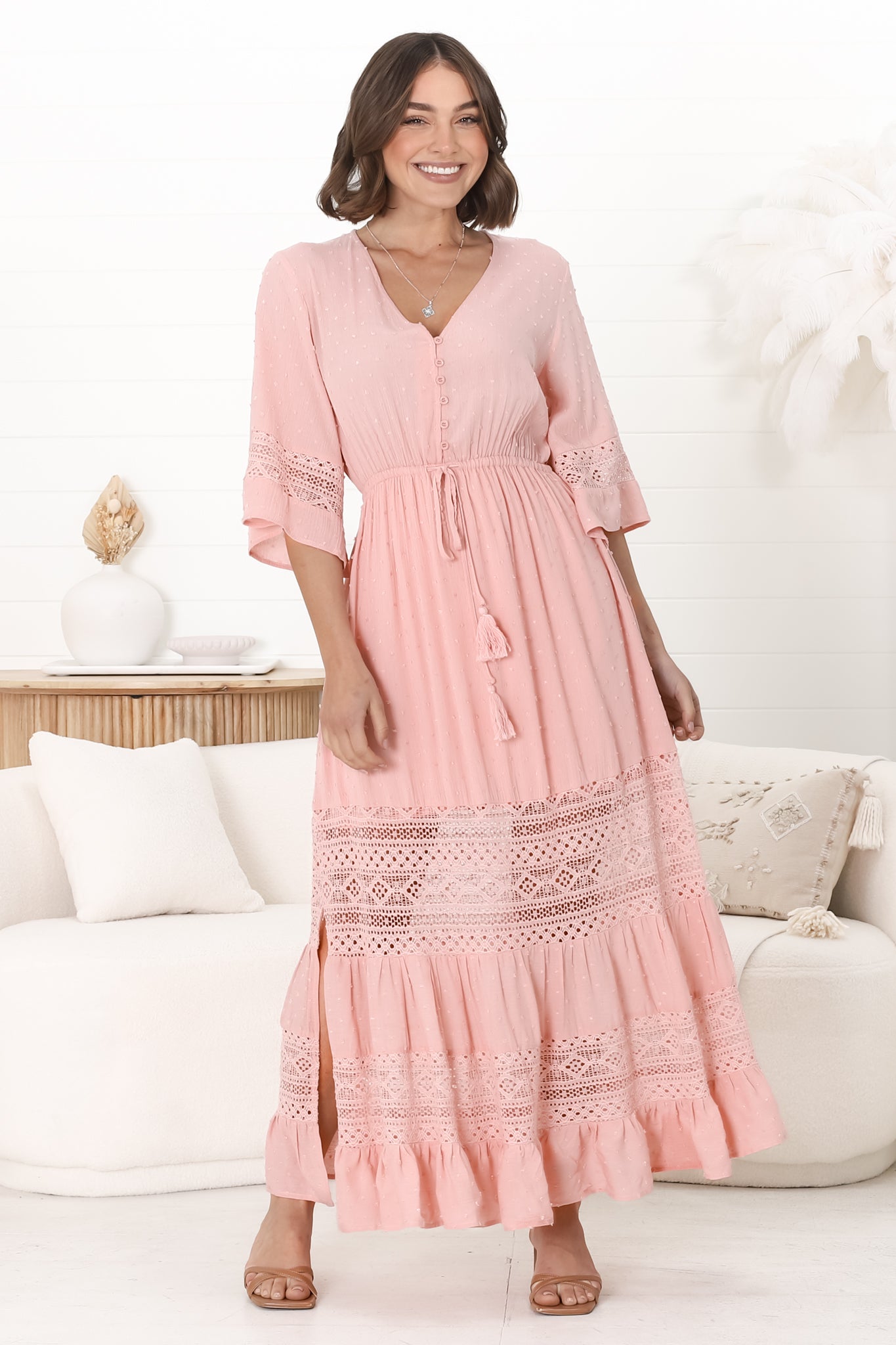 Kaely Maxi Dress - Delicate Lace Panel Detailed A Line Dress in Pink