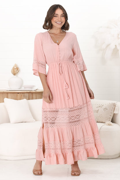 Kaely Maxi Dress - Delicate Lace Panel Detailed A Line Dress in Pink