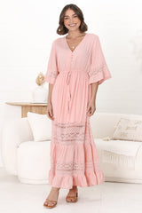 Kaely Maxi Dress - Delicate Lace Panel Detailed A Line Dress in Pink