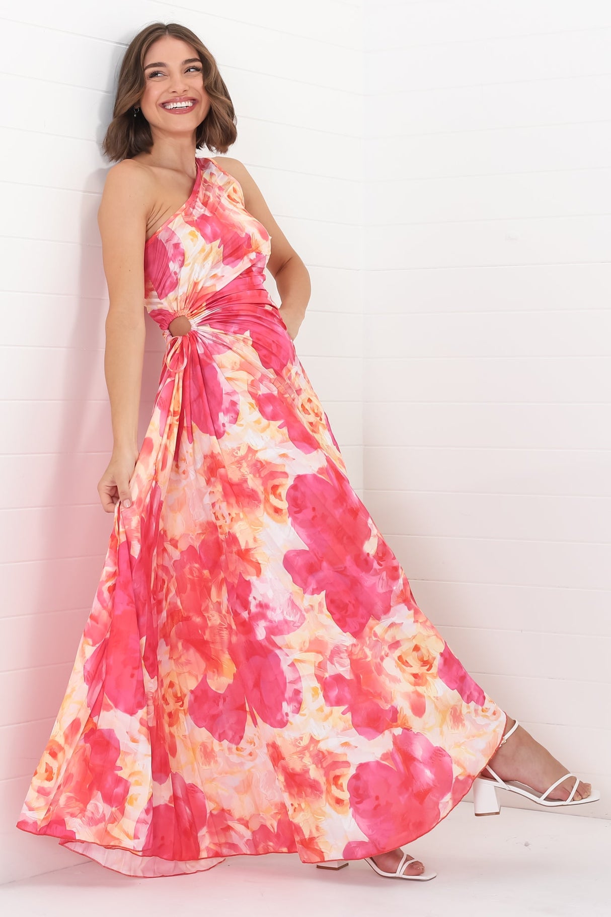 Kaia Maxi Dress - One Shoulder Dress with Side Cut Out in Cressida Print Pink